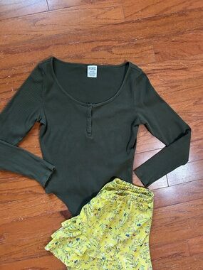 PINK Ribbed Long Sleeve Henley Bodysuit